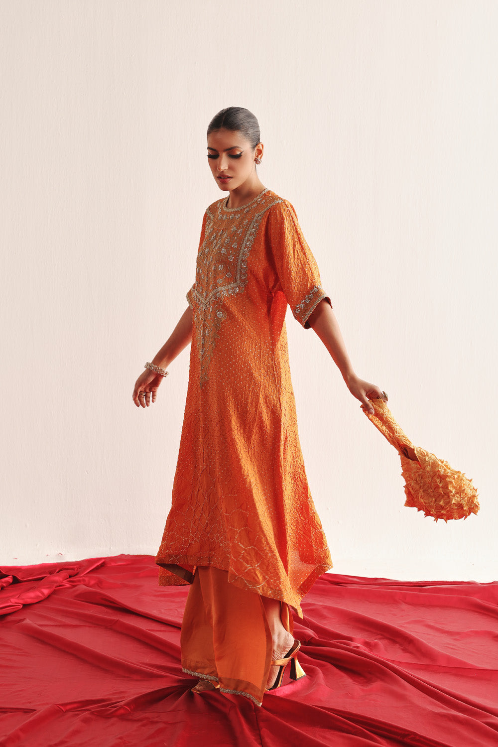 Marodiwork Crushed Bandhani Silk Kaftan Kurta with Pencil Skirt