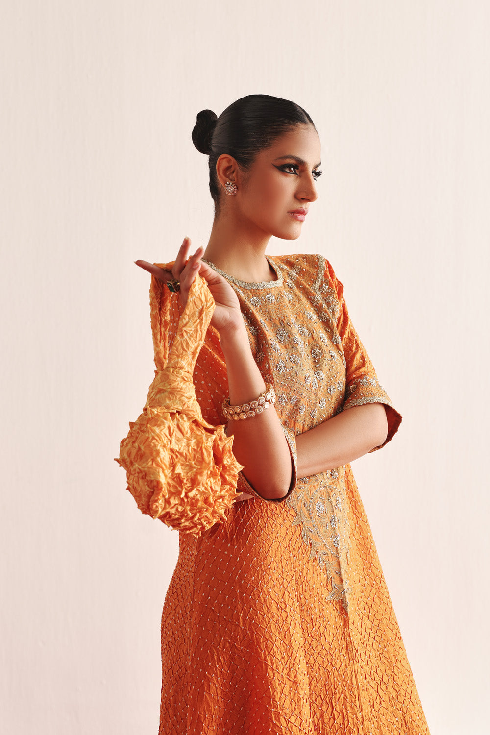 Marodiwork Crushed Bandhani Silk Kaftan Kurta with Pencil Skirt