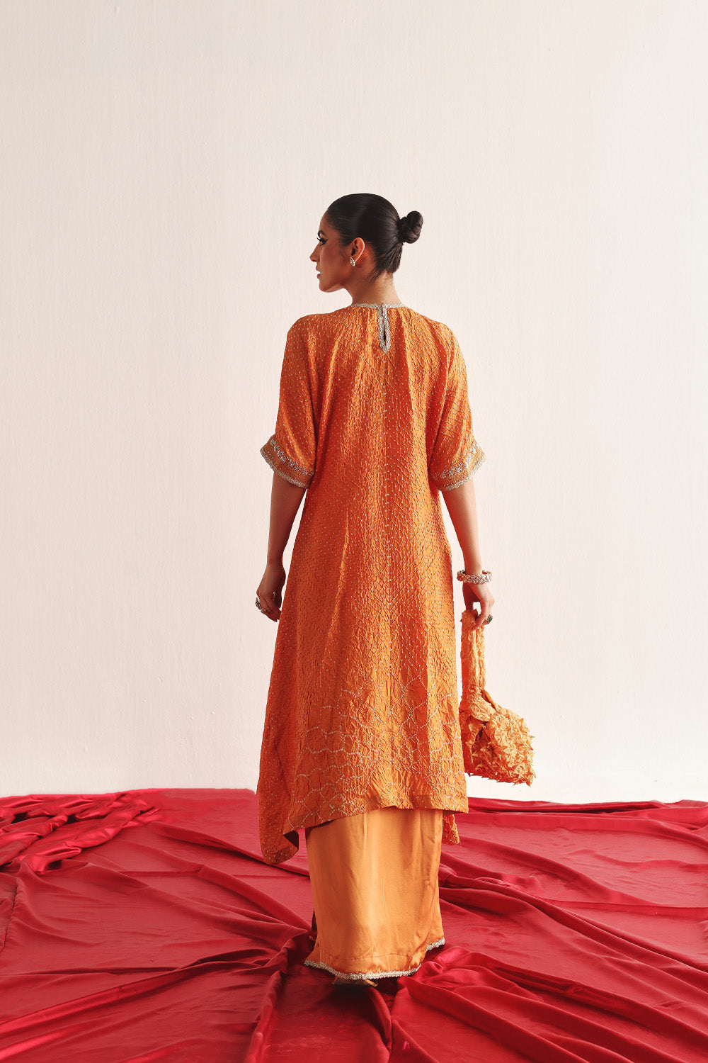 Marodiwork Crushed Bandhani Silk Kaftan Kurta with Pencil Skirt