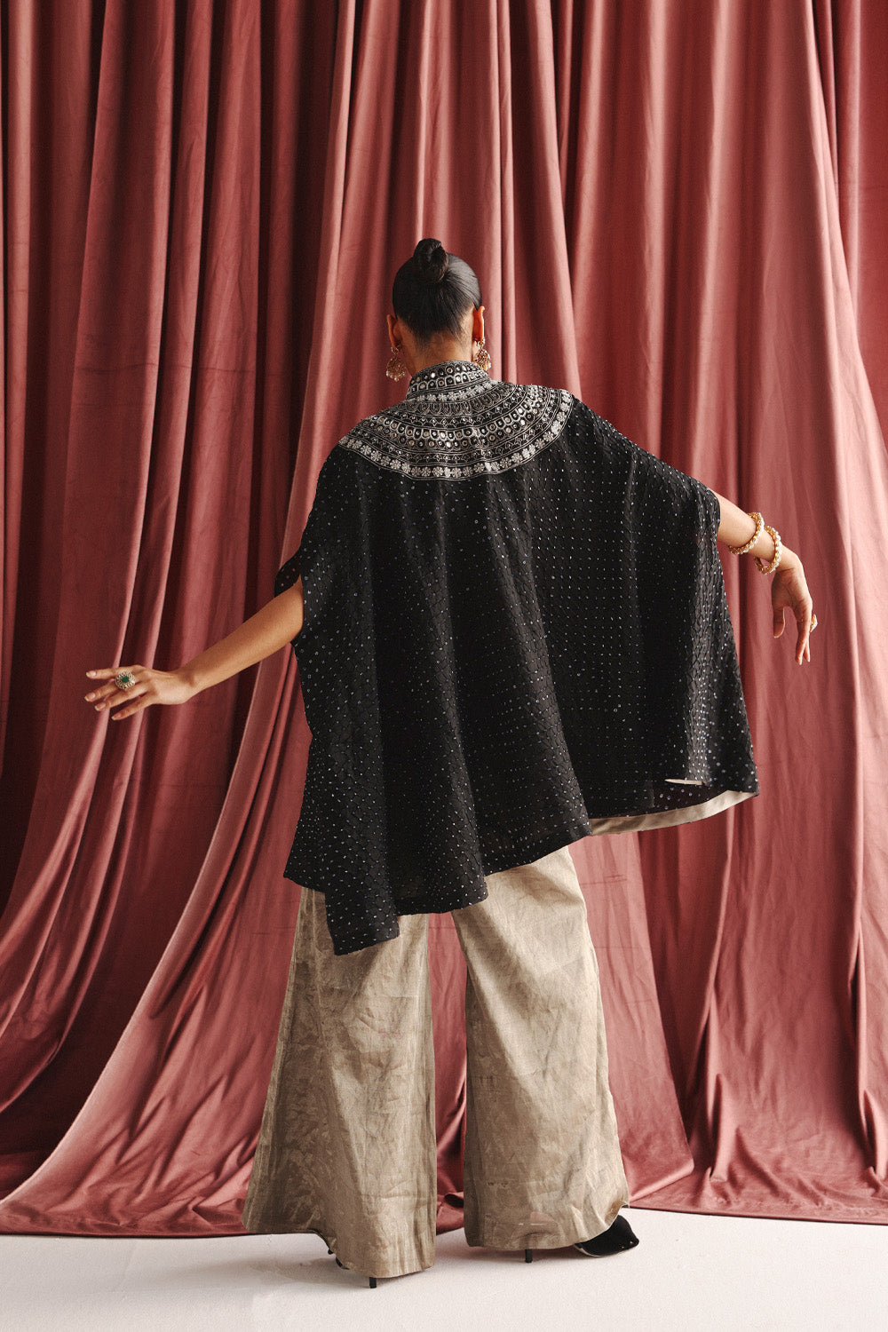 Marodiwork Crushed Silk Bandhani Cape with Palazzos