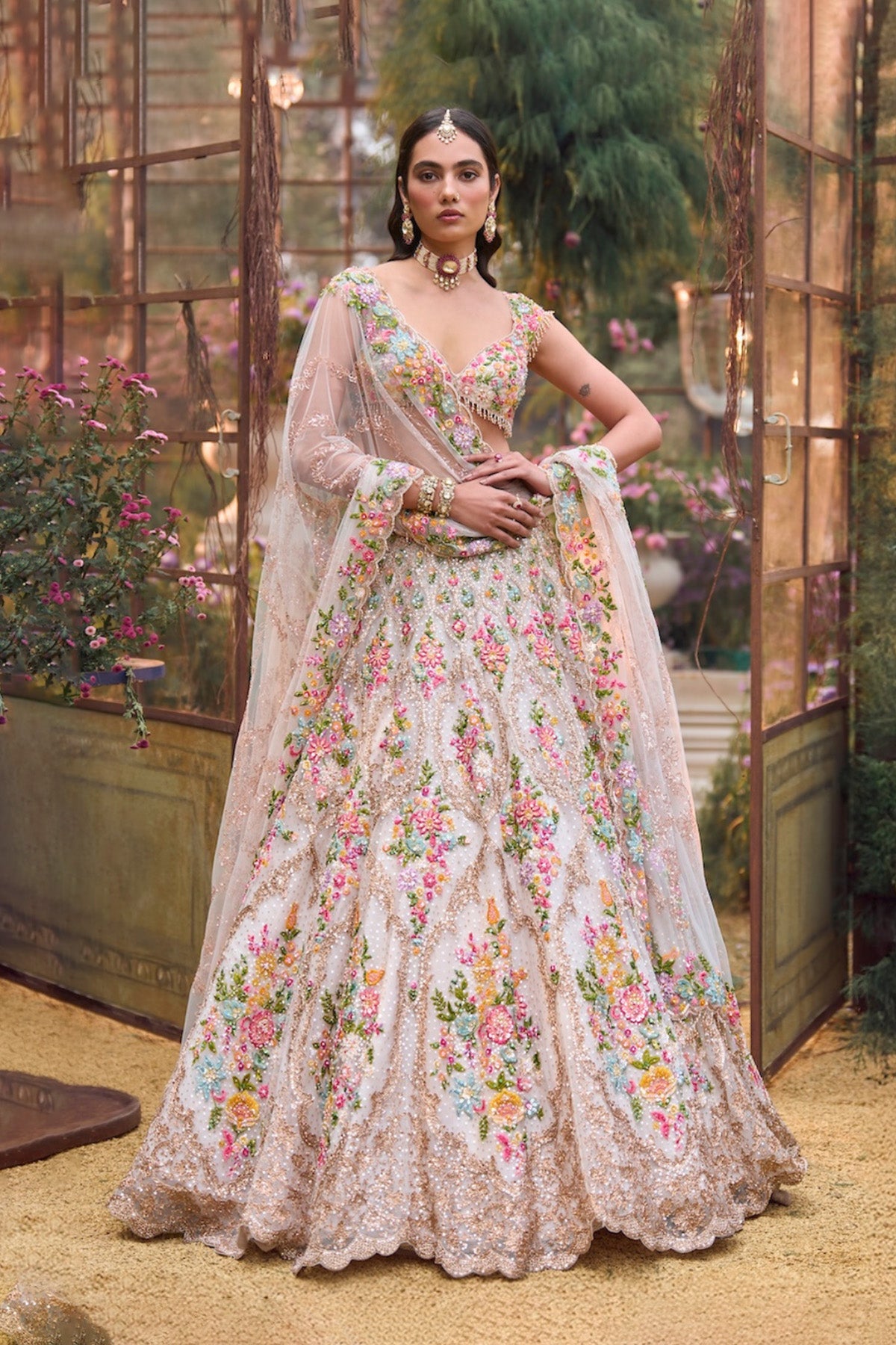 Cream Multi-Coloured Floral Lehenga Set