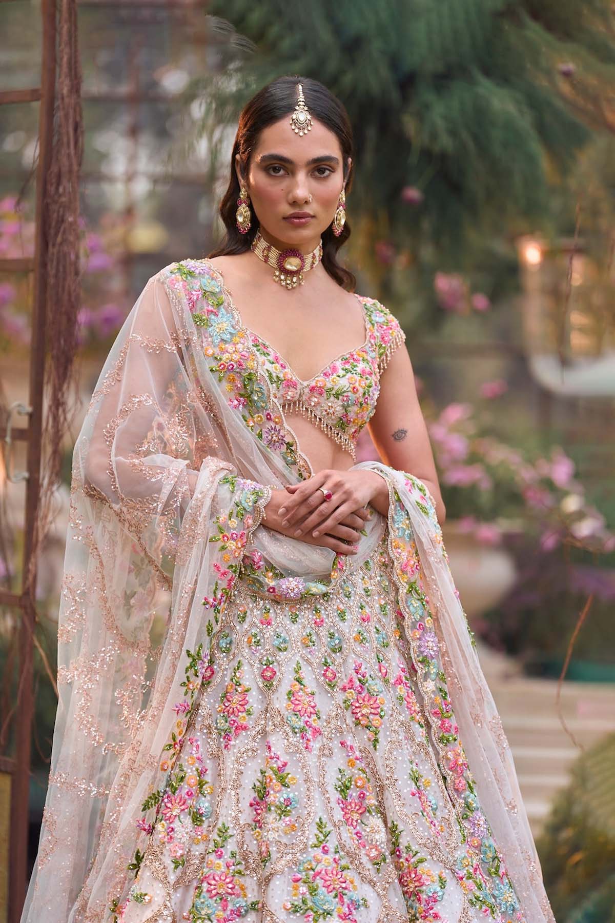 Cream Multi-Coloured Floral Lehenga Set