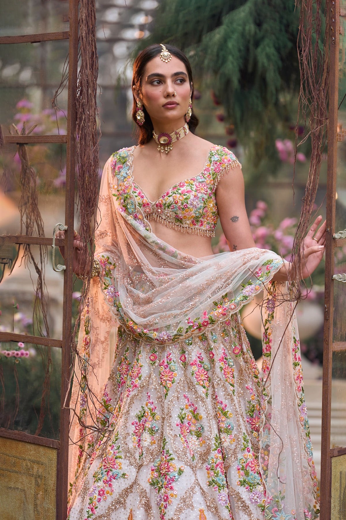 Cream Multi-Coloured Floral Lehenga Set