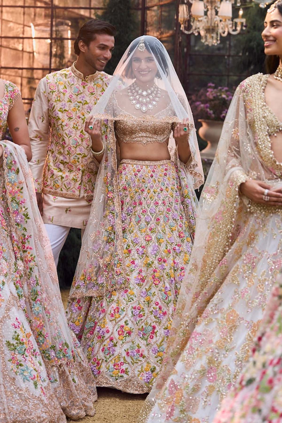 Cream Multi-Coloured Floral Lehenga Set