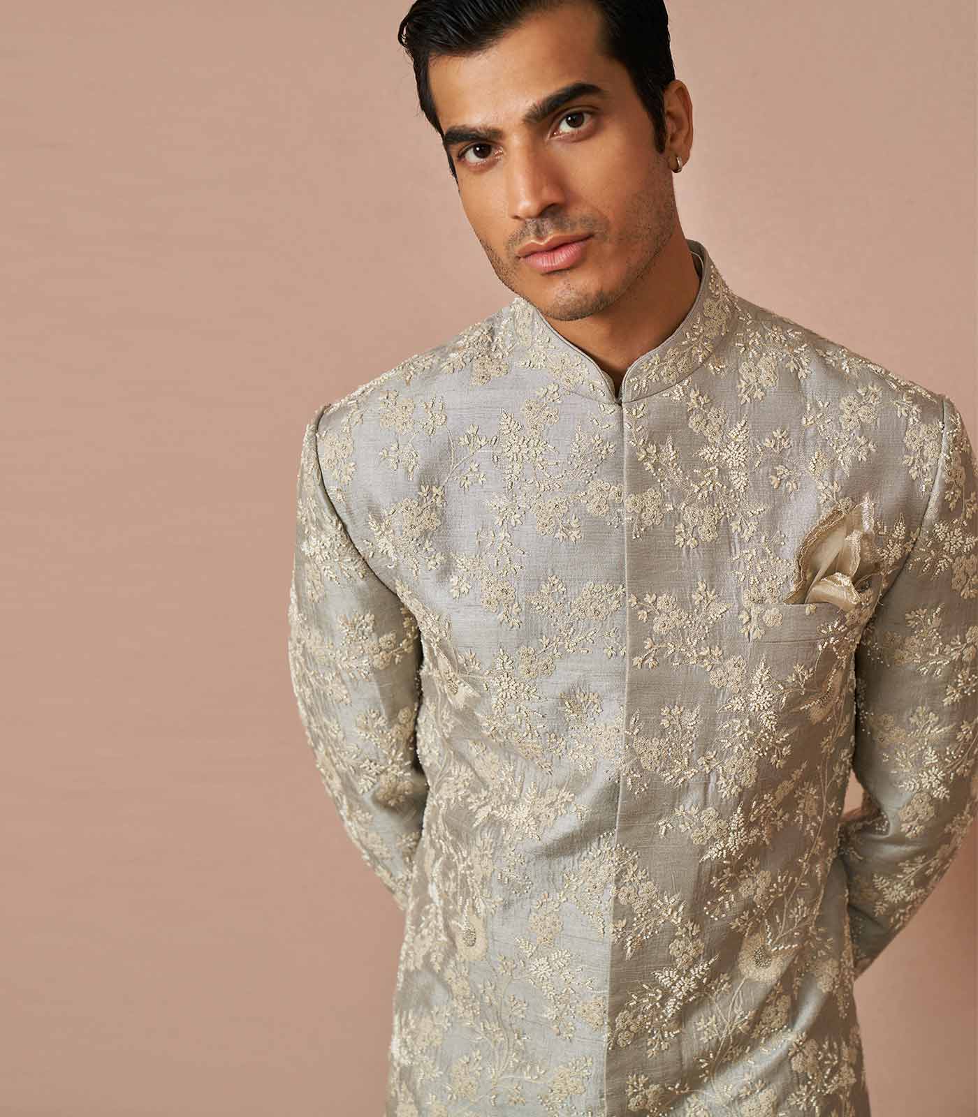 POWDER BLUE RAWSILK JAHAAN PEARL EMBROIDERED SHERWANI SET