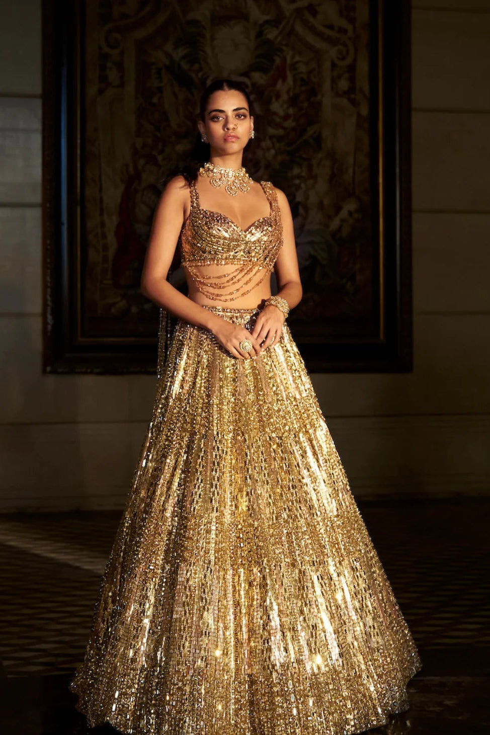 Gold Crystal Lehenga Set