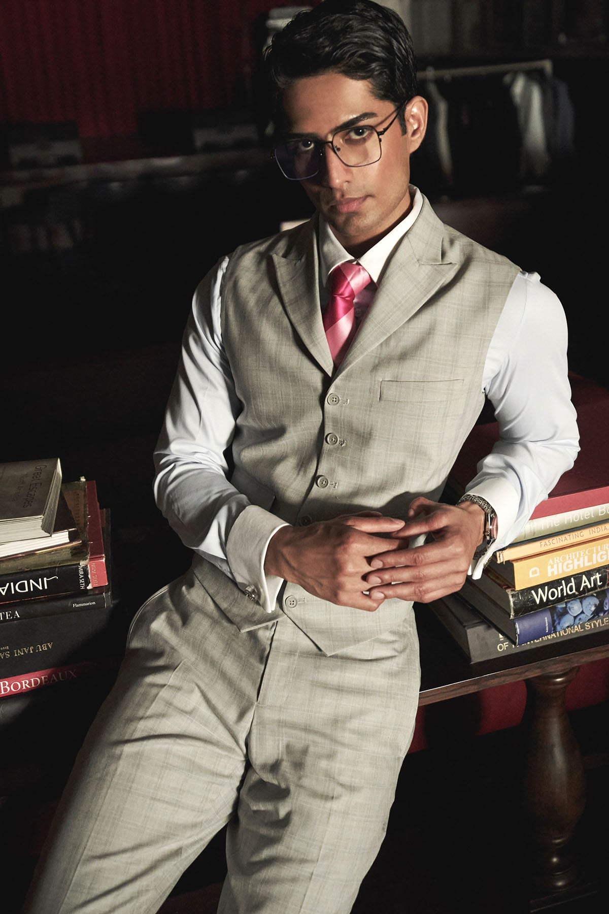 Grey Self-Checked Waistcoat Set