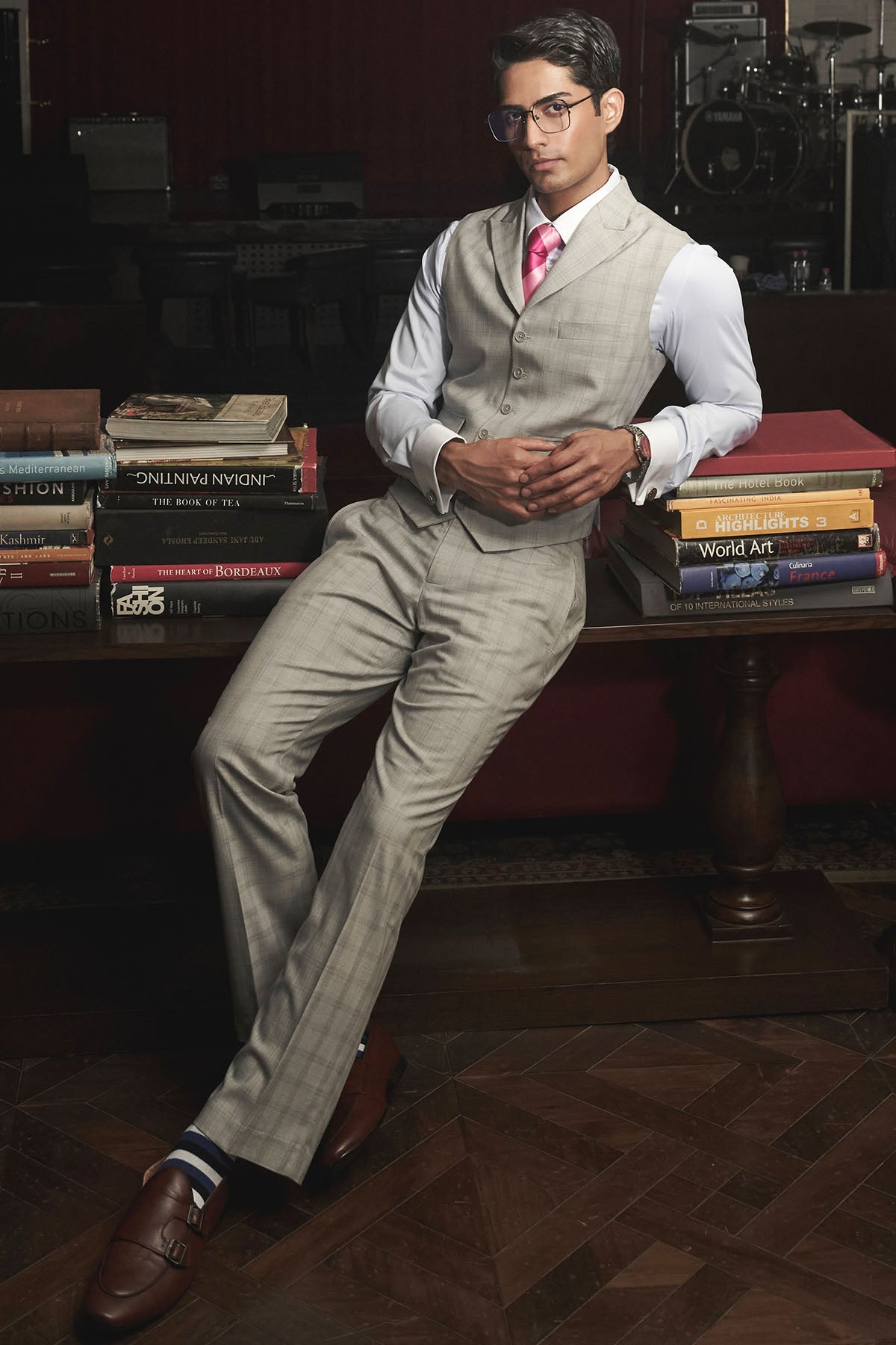 Grey Self-Checked Waistcoat Set