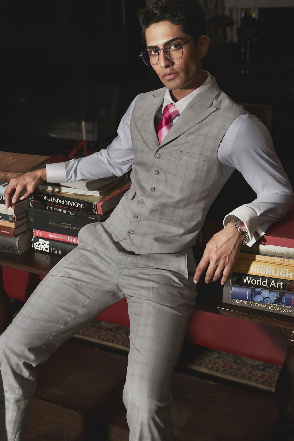 Grey Self-Checked Waistcoat Set