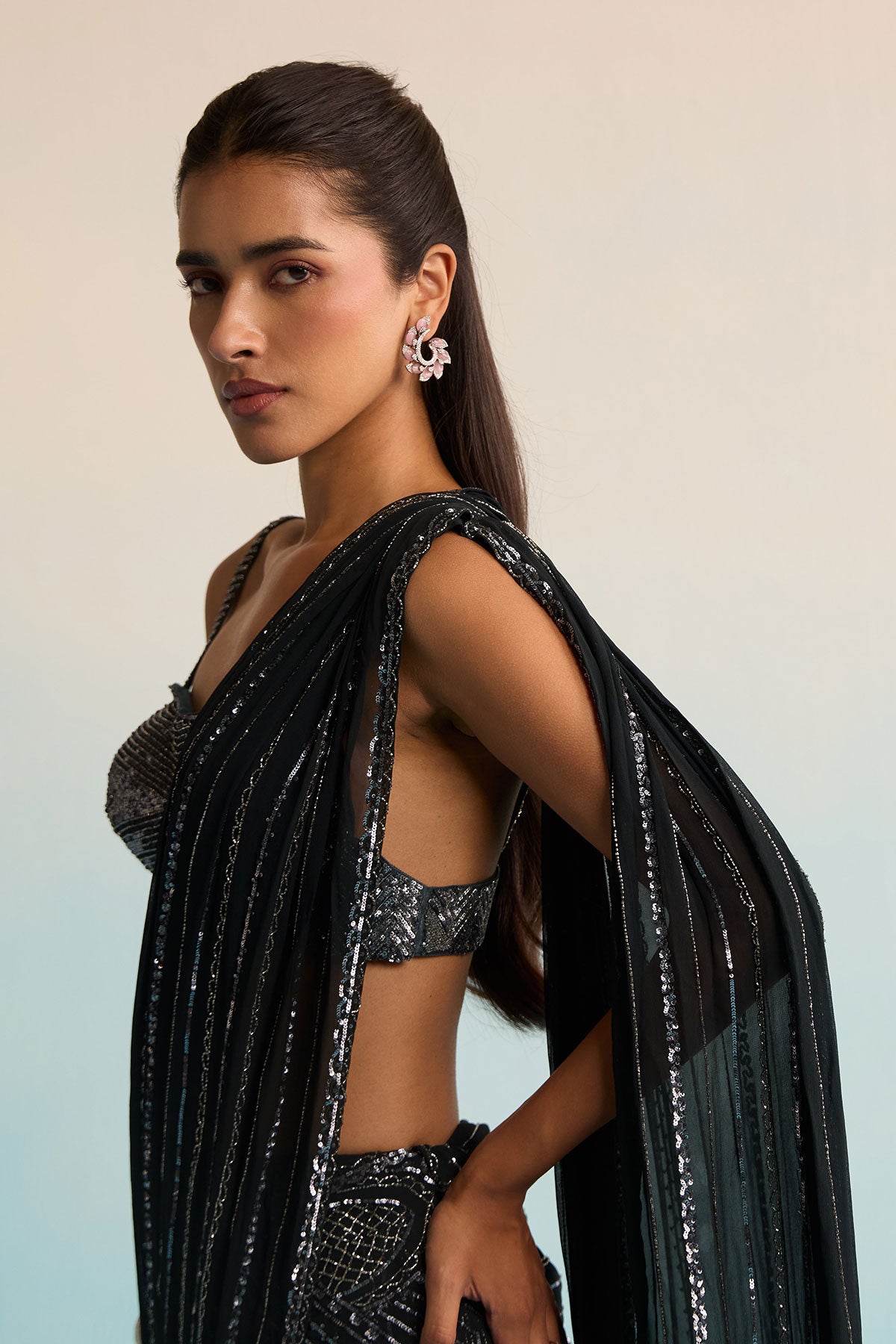 Azure Noir Cutdana Drape Saree