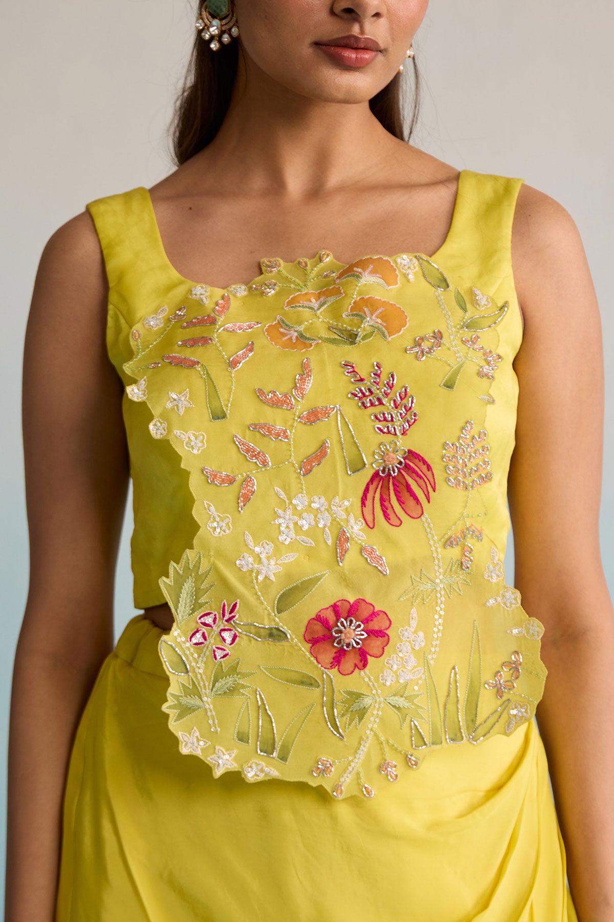 Buttercup Breeze Yellow Hand-Painted Malai Silk Cape & Skirt Set