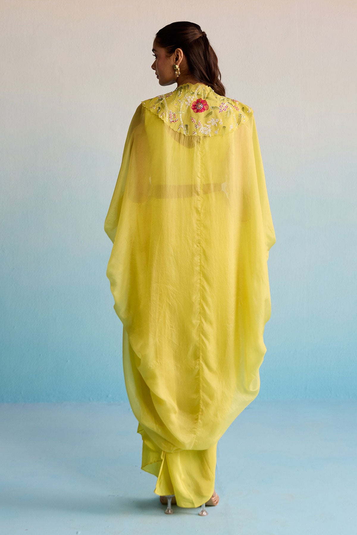 Buttercup Breeze Yellow Hand-Painted Malai Silk Cape & Skirt Set