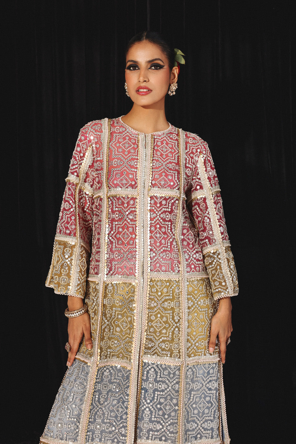 Embellished Long Jacket with Brocade Bandeau and Palazzos