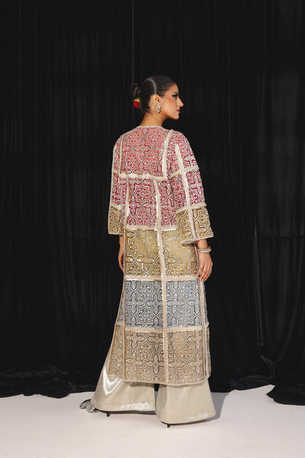 Embellished Long Jacket with Brocade Bandeau and Palazzos