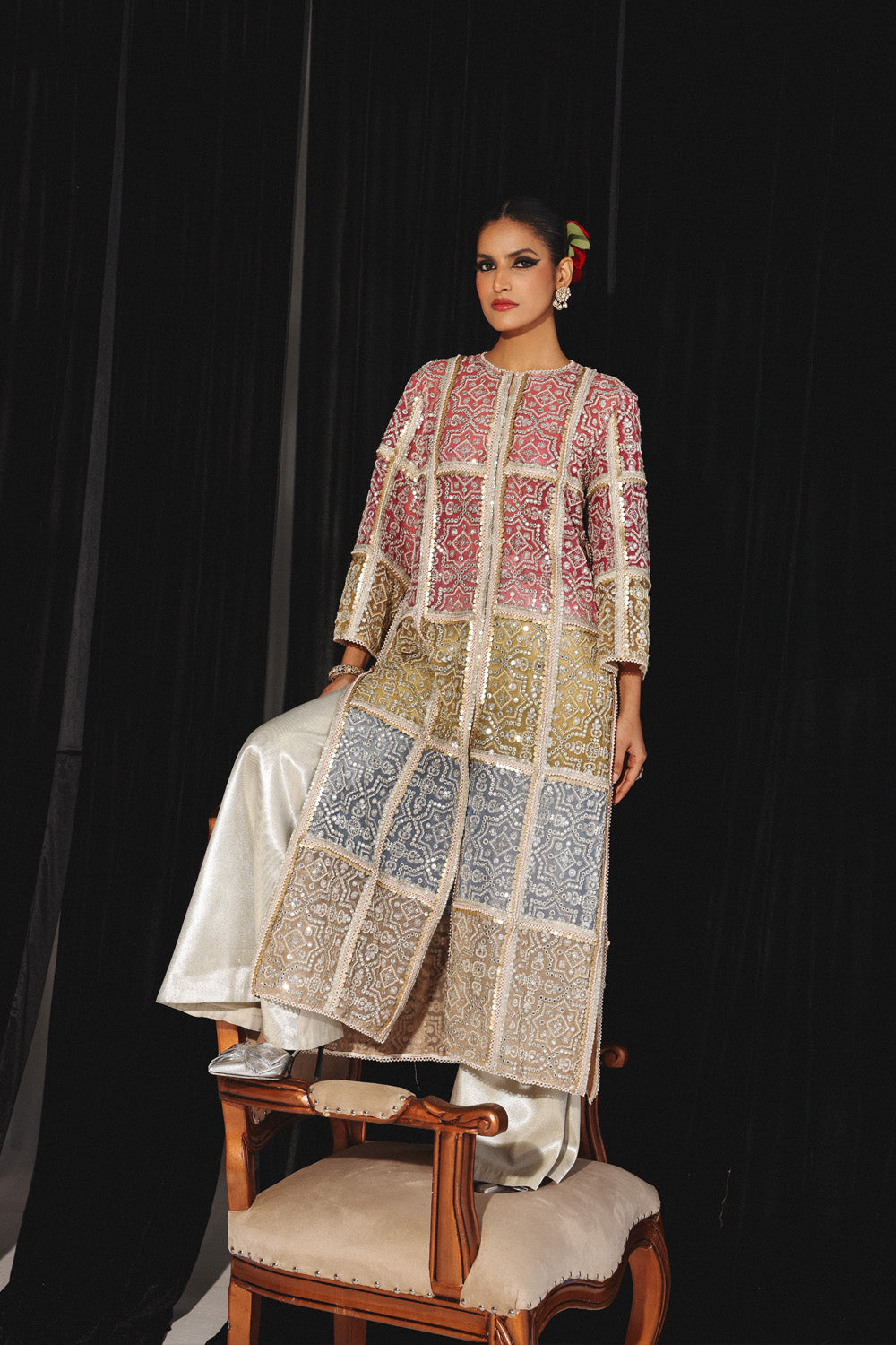 Embellished Long Jacket with Brocade Bandeau and Palazzos