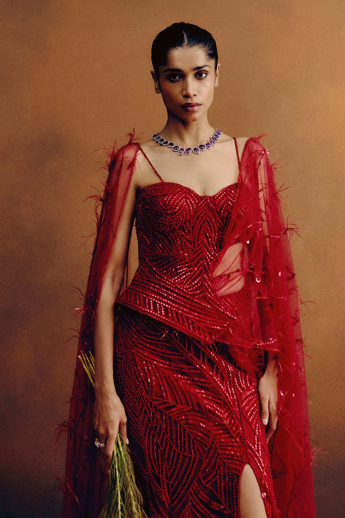 Rouge Ascend Corset & Skirt Set with a drape dupatta