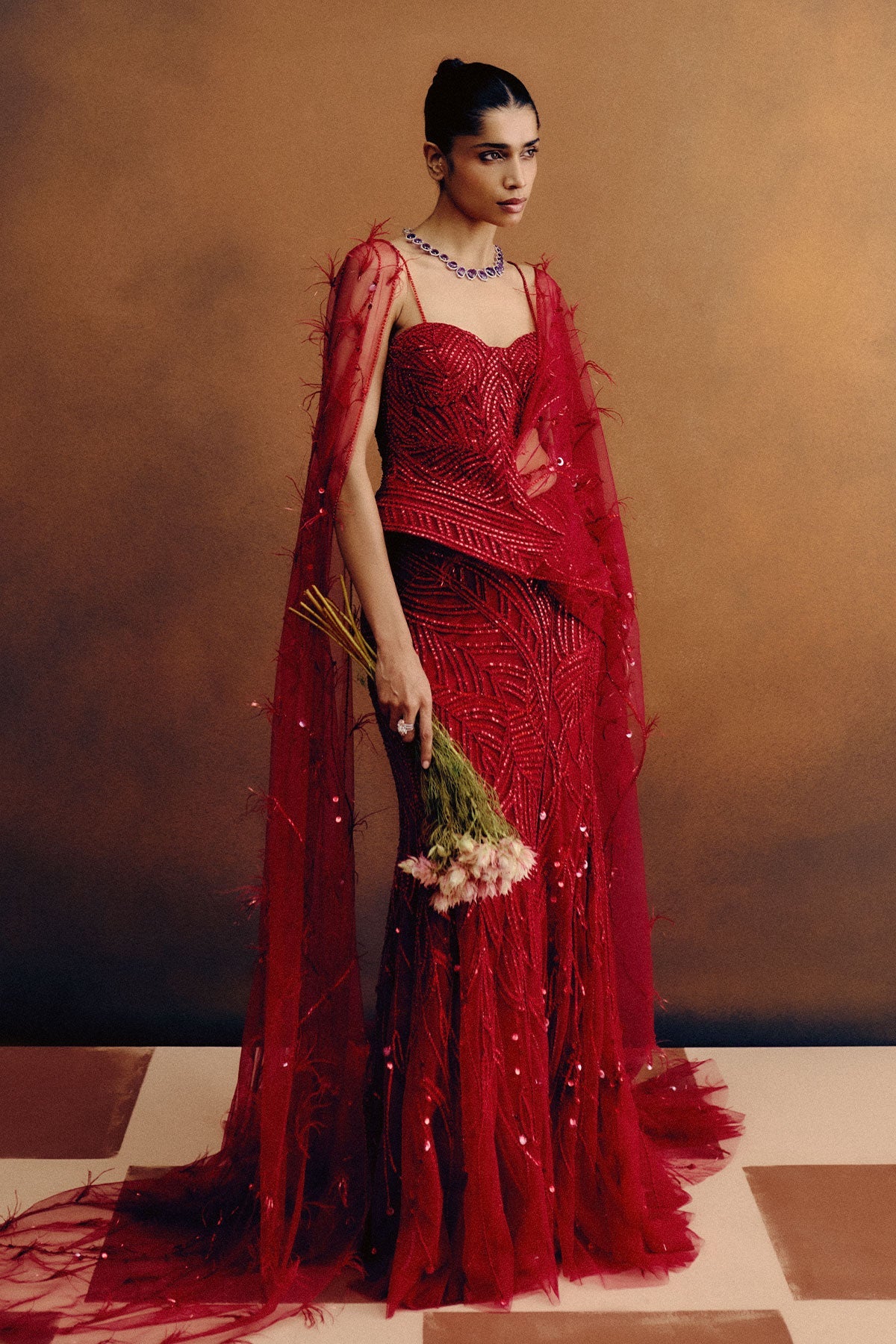 Rouge Ascend Corset & Skirt Set with a drape dupatta