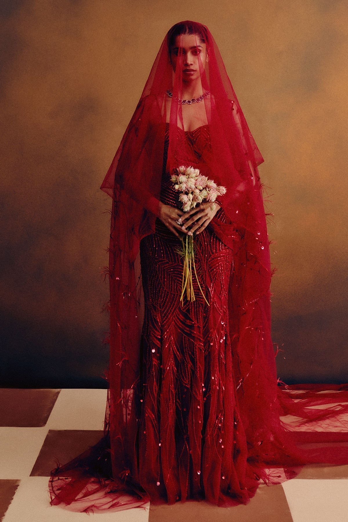 Rouge Ascend Corset & Skirt Set with a drape dupatta