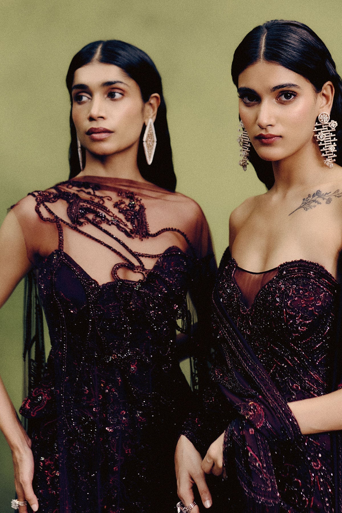 Gilded Carmine Corset & Skirt Set with Cape Drape