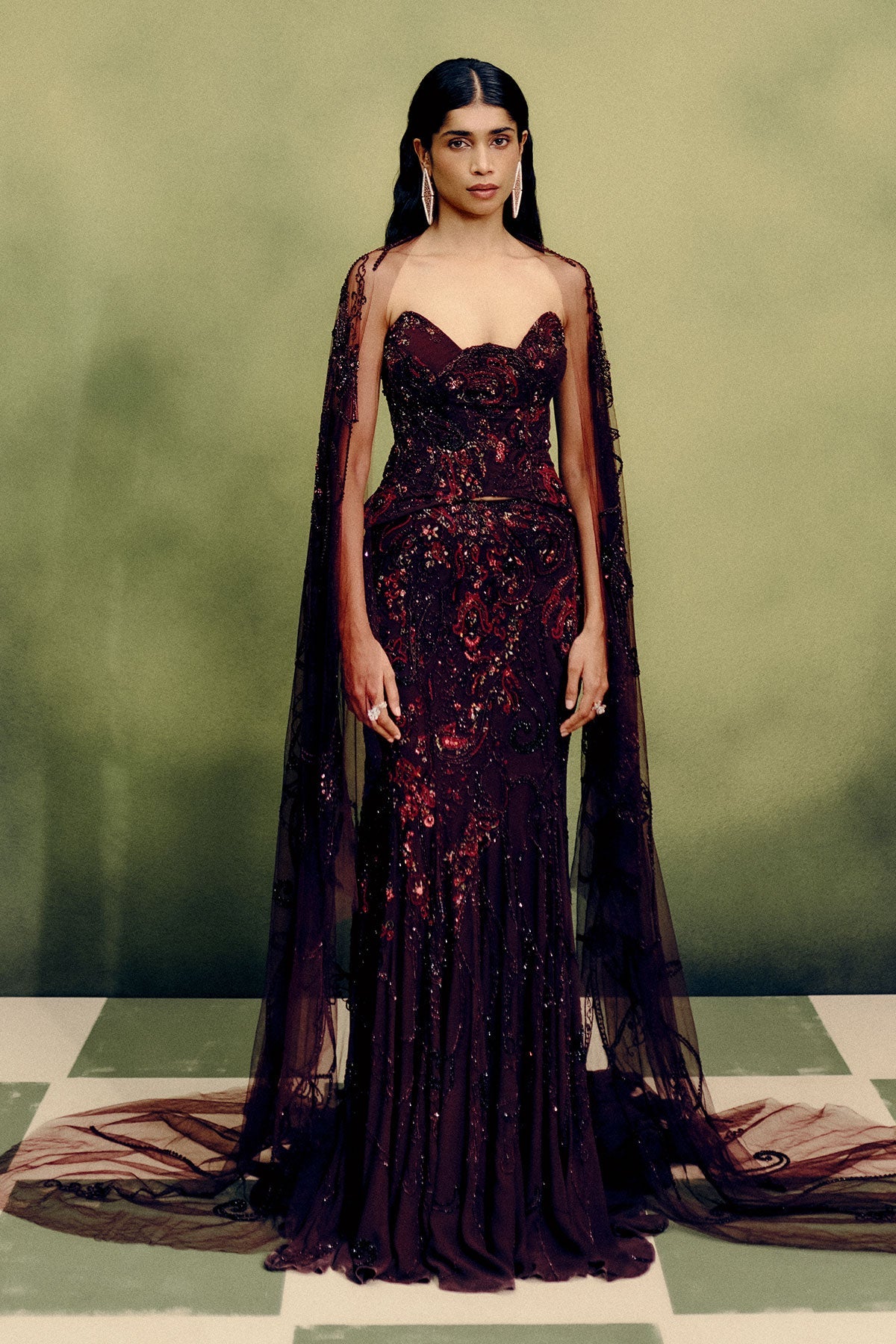 Gilded Carmine Corset & Skirt Set with Cape Drape