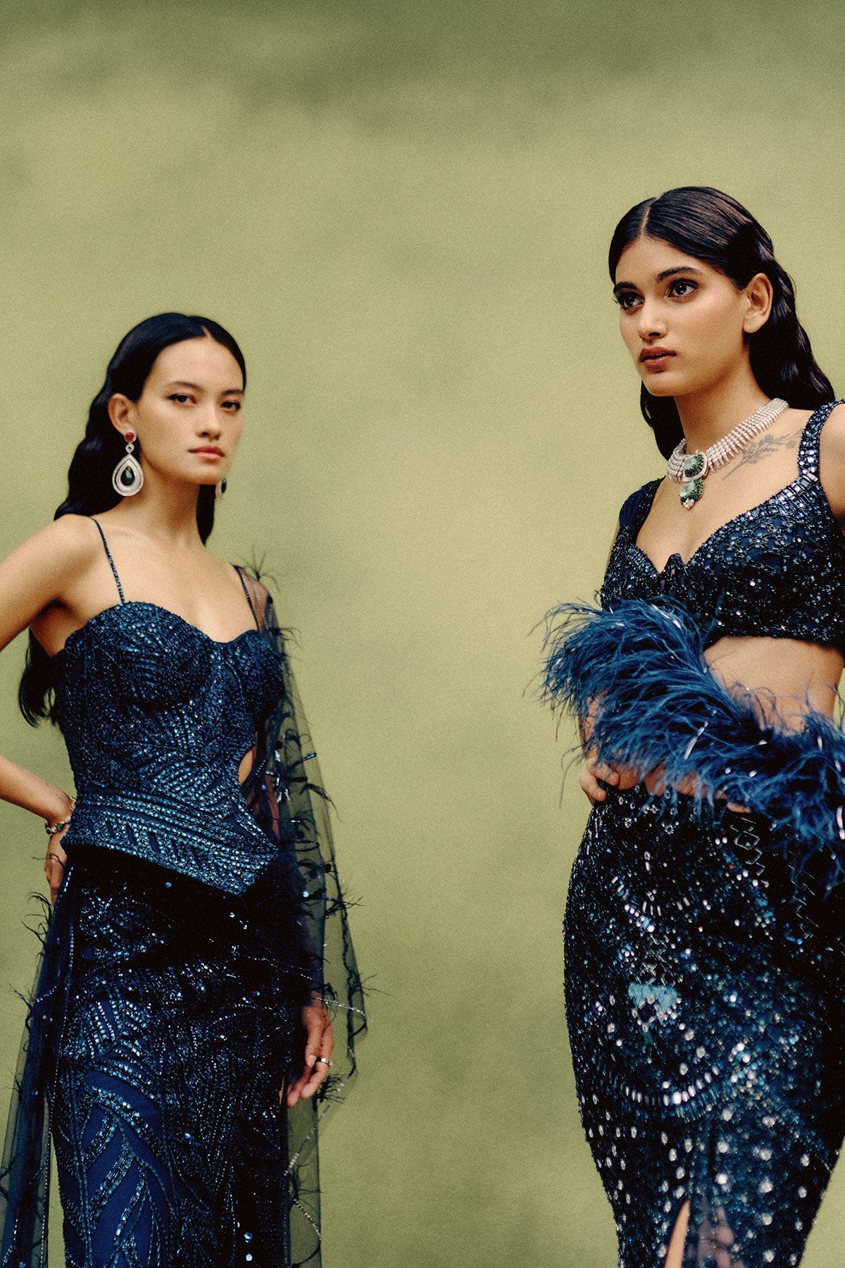 Celeste Plume Corset & Skirt Set with a drape dupatta