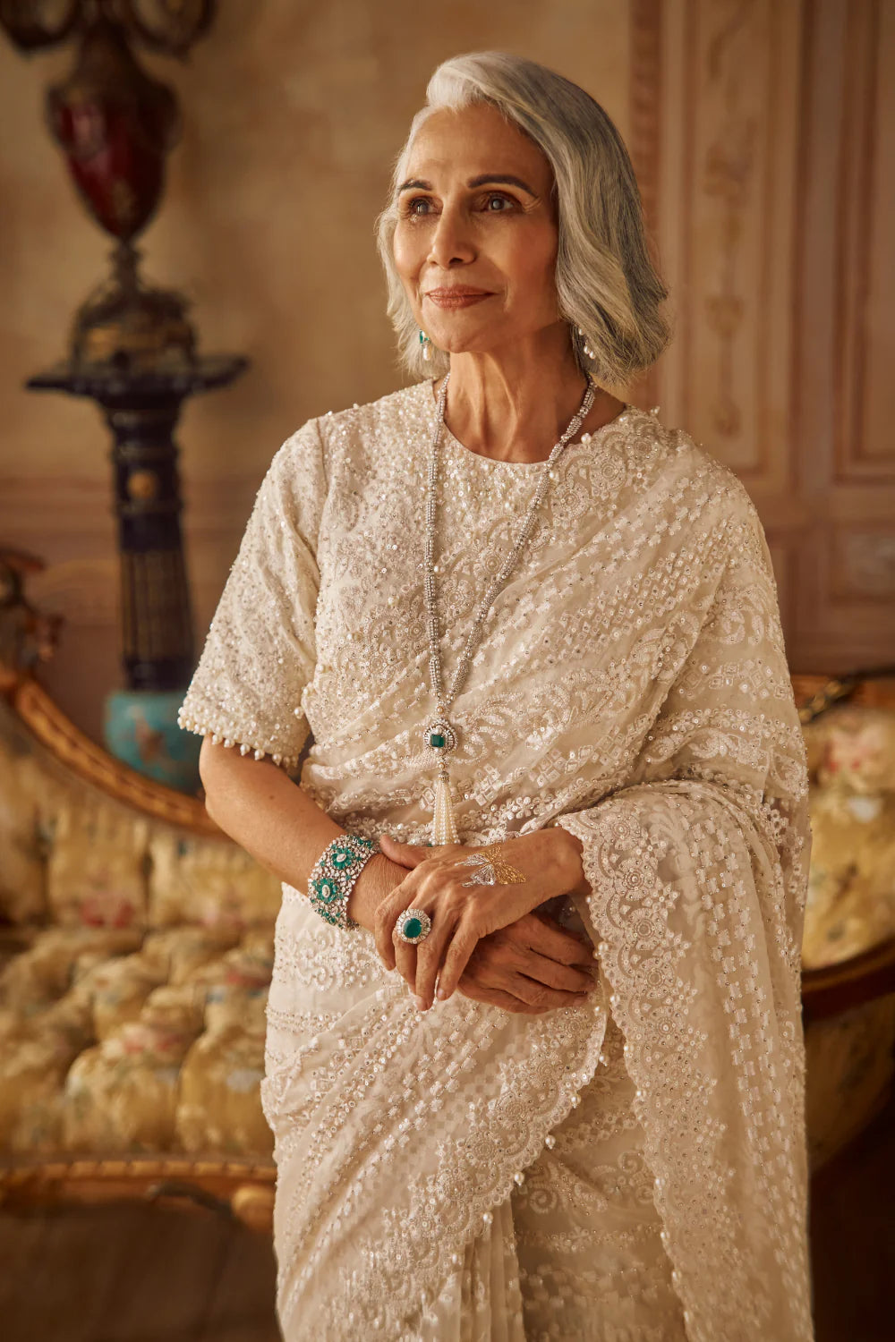 Ivory Organza Stripe Saree