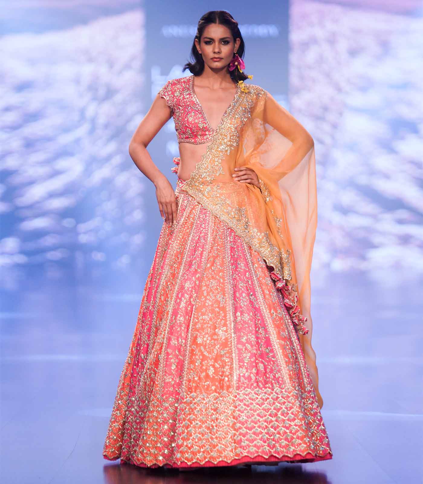 ZAHIRA PINK & PEACH TWO TONE LEHANGA SET