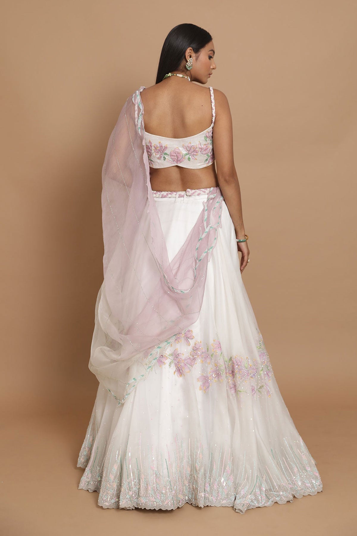Ivory Handpainted Lehenga & Blouse With Pearl Latkans