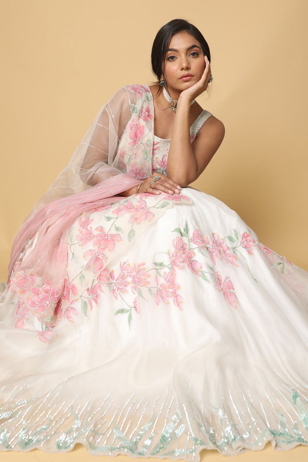 Ivory Handpainted Lehenga & Blouse With Pearl Latkans