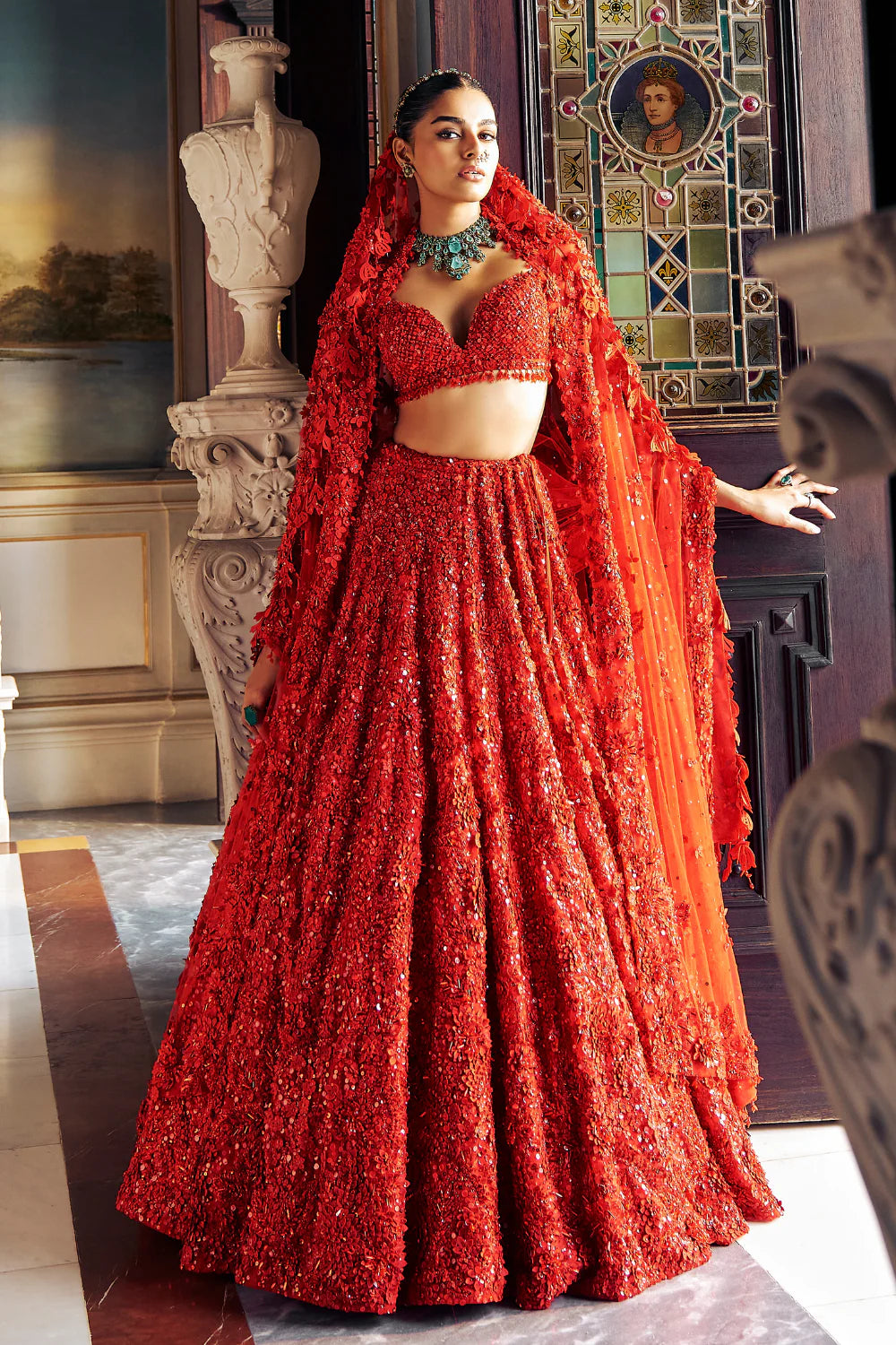 Red Three-Dimensional Floral Lehenga Set