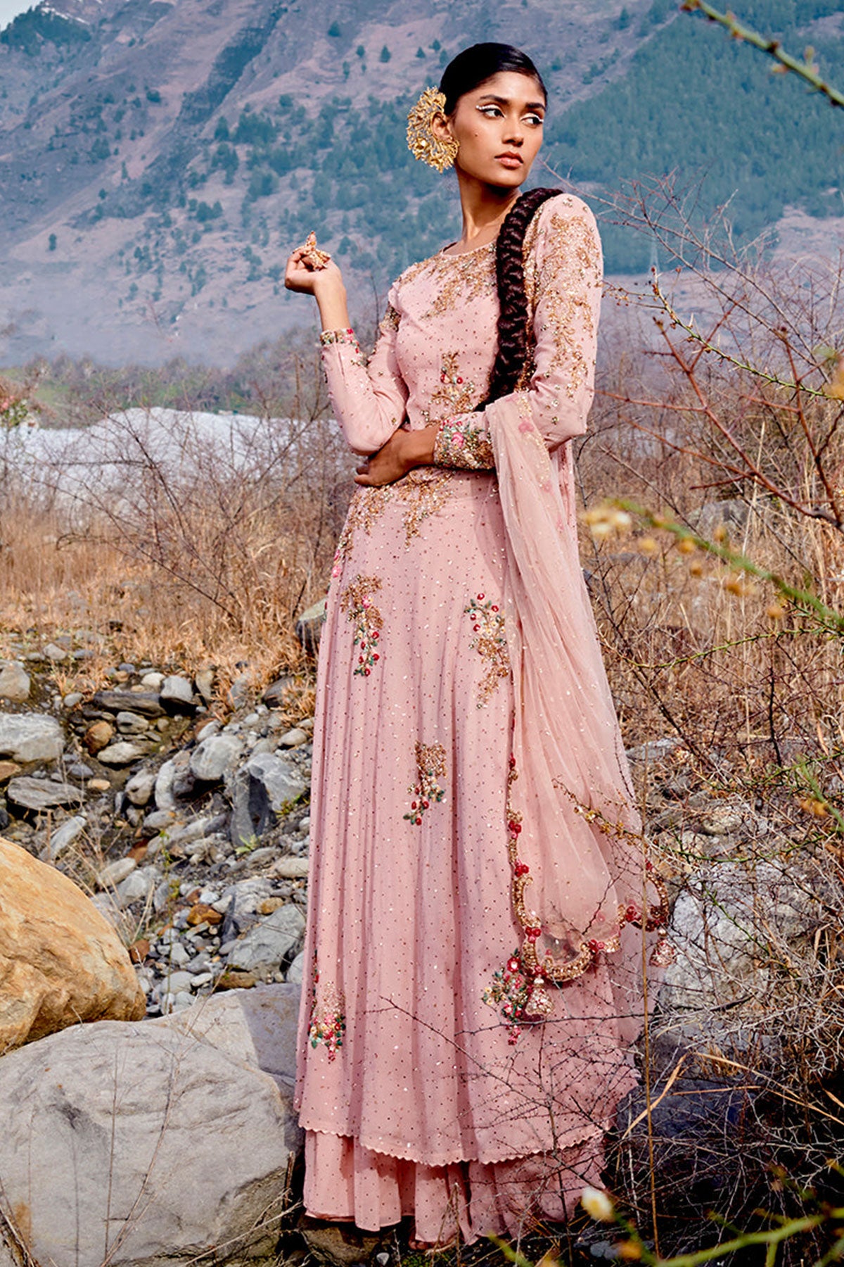 "White Vapour" Chiffon Kamdani Kurta Set