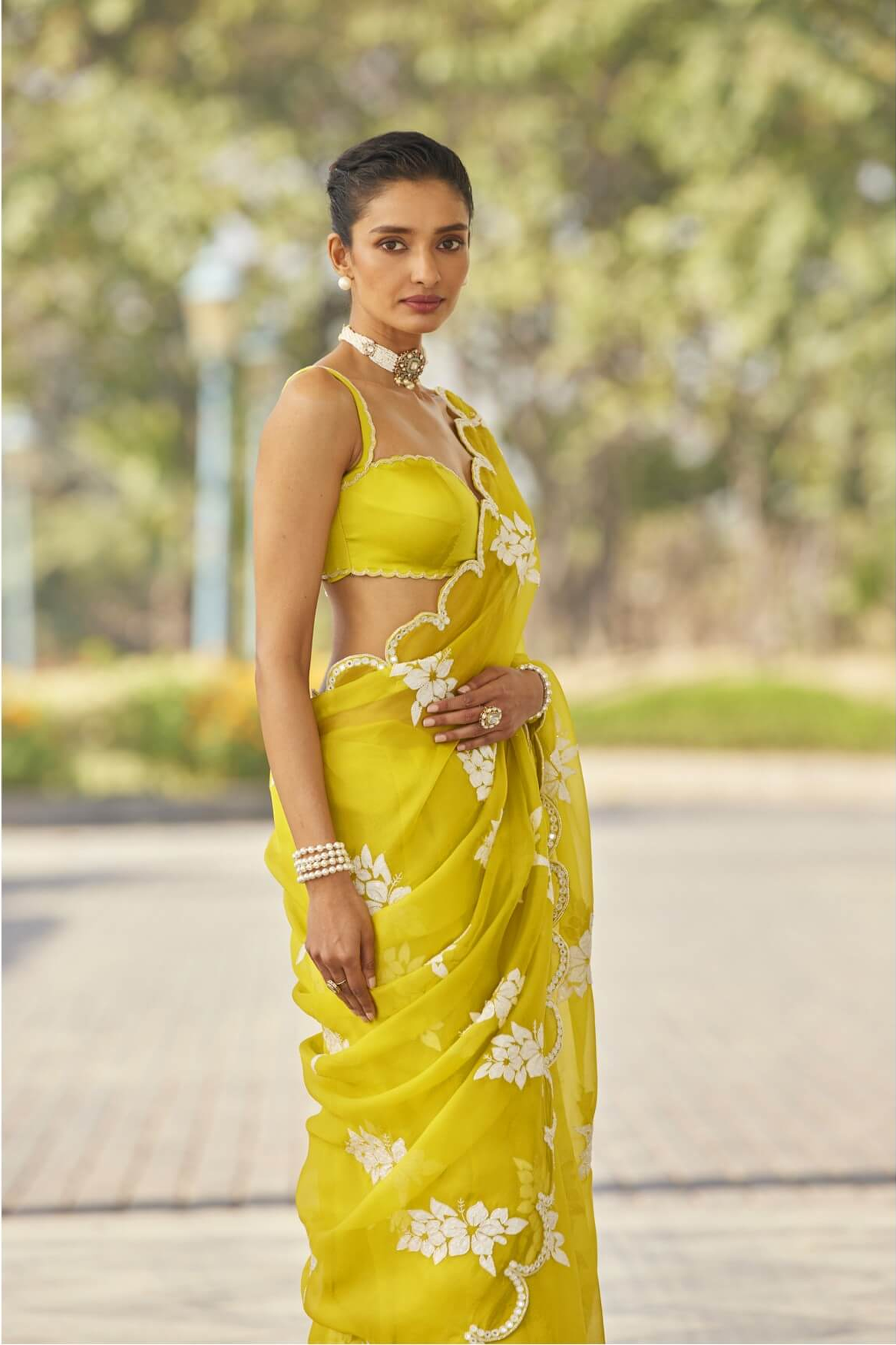 Moss Green Flower Saree Set