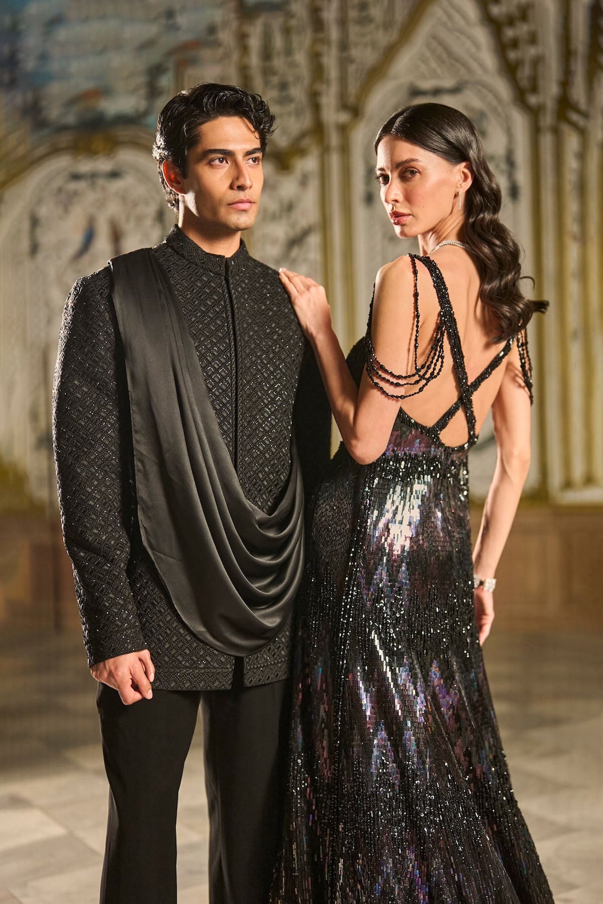 Black Draped Bandhgala Set