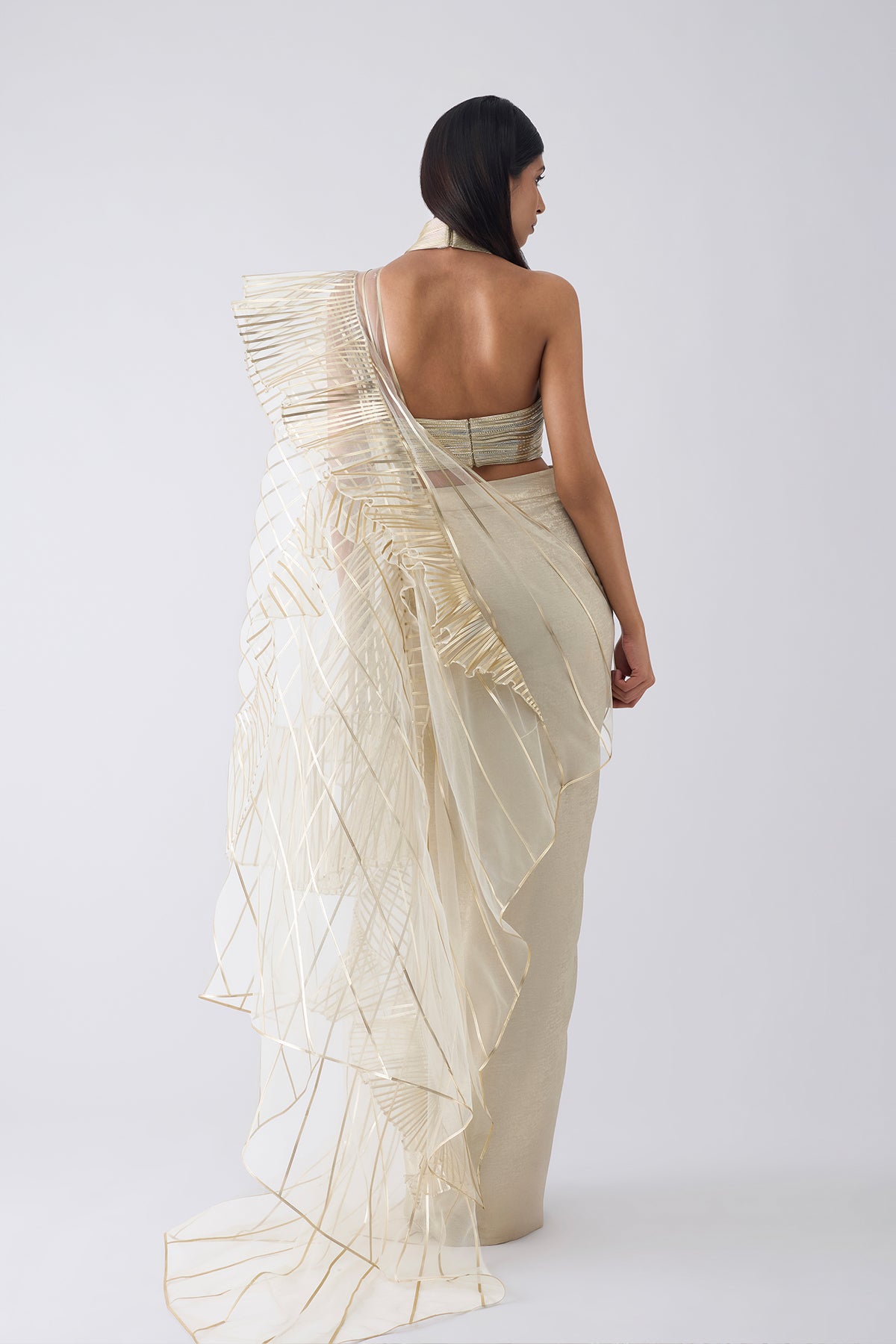 Metallic Winged Ruffle Saree With Ruffle