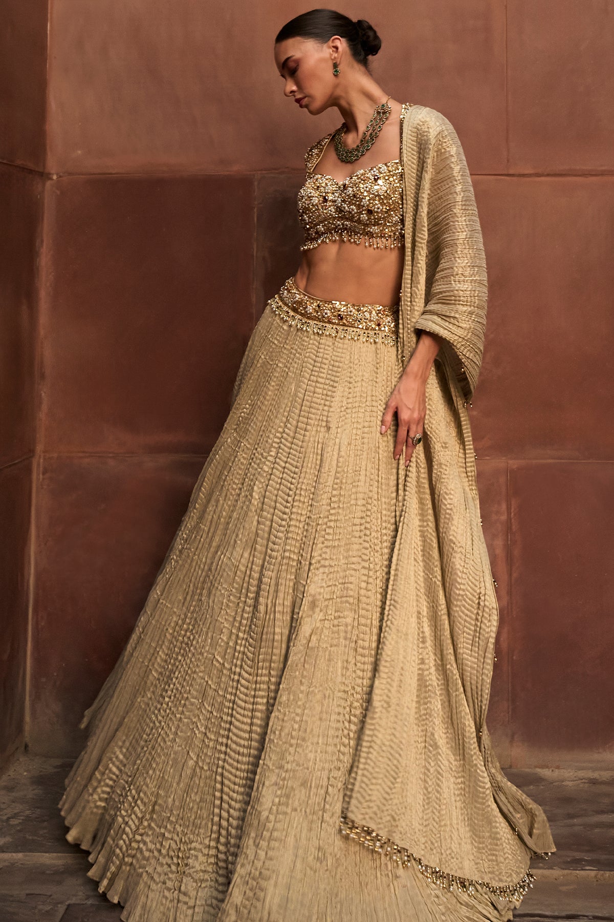 GOLDEN TISSUE CRUSH LEHENGA SET
