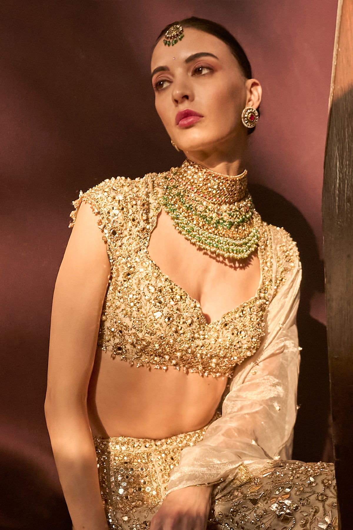 SILVER TISSUE MIRRORWORK LEHENGA SET