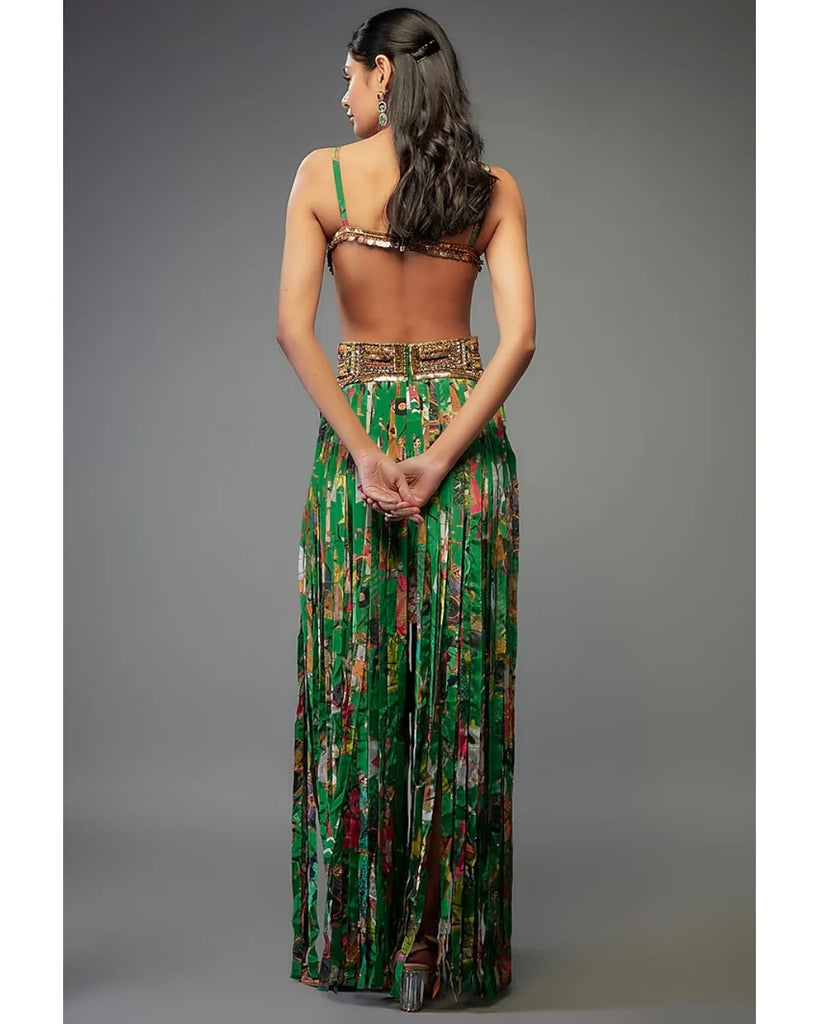 Green Crepe Printed Fringe Skirt Set
