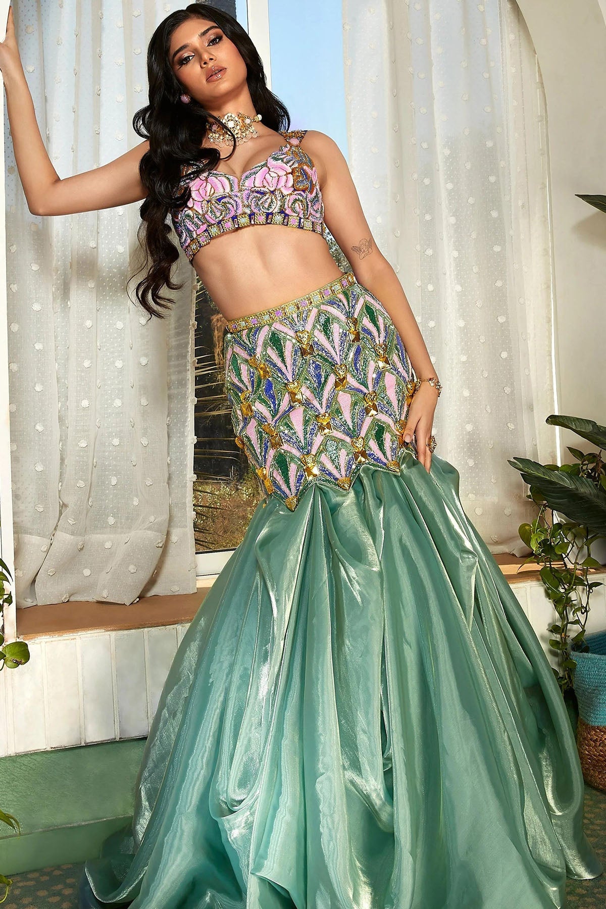 GLOW UP!- TEAL EMBELLISHED FULL LEHENGA SET