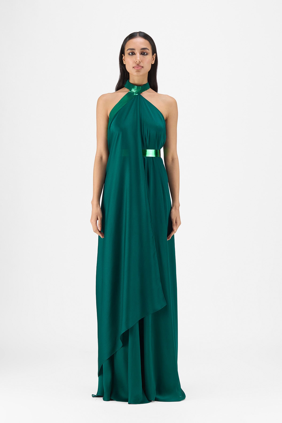 METALLIC HALTER FLUID DRESS