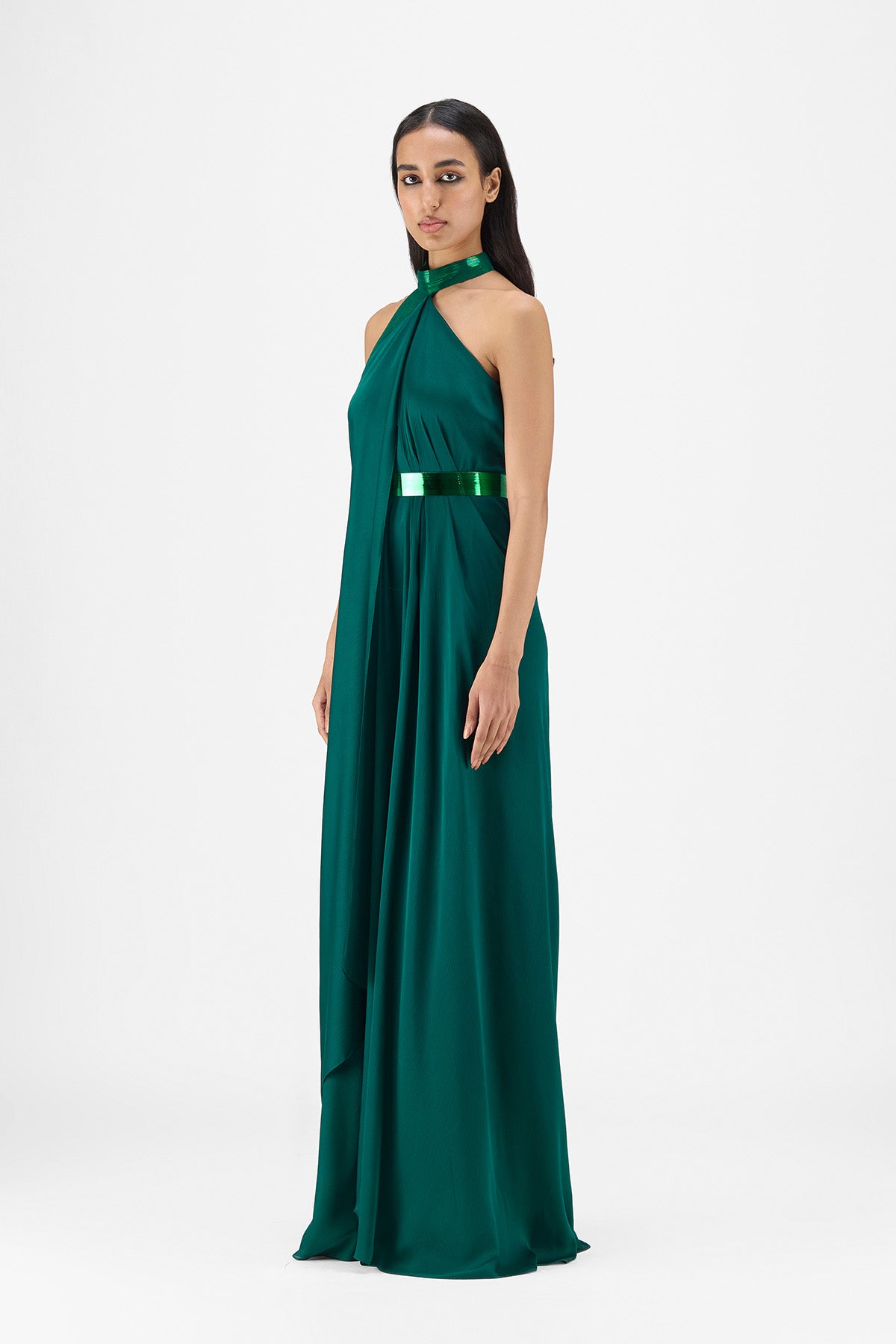 METALLIC HALTER FLUID DRESS
