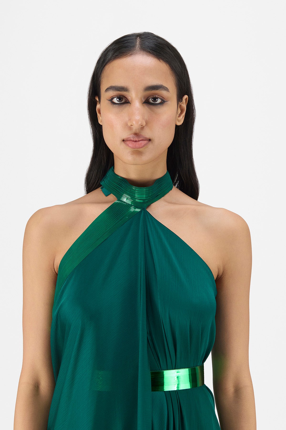 METALLIC HALTER FLUID DRESS