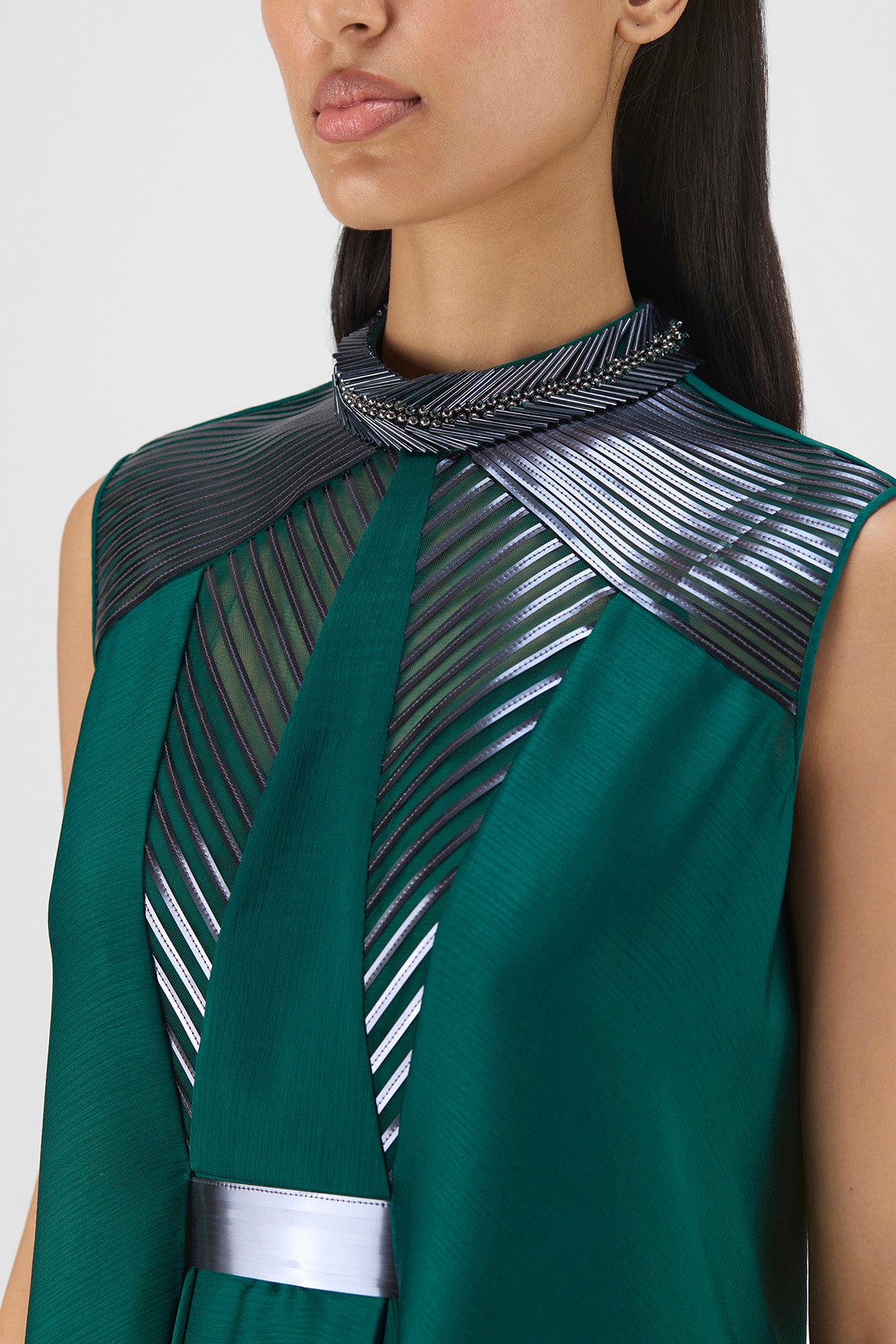 BEADED METALLIC PANELED DRESS