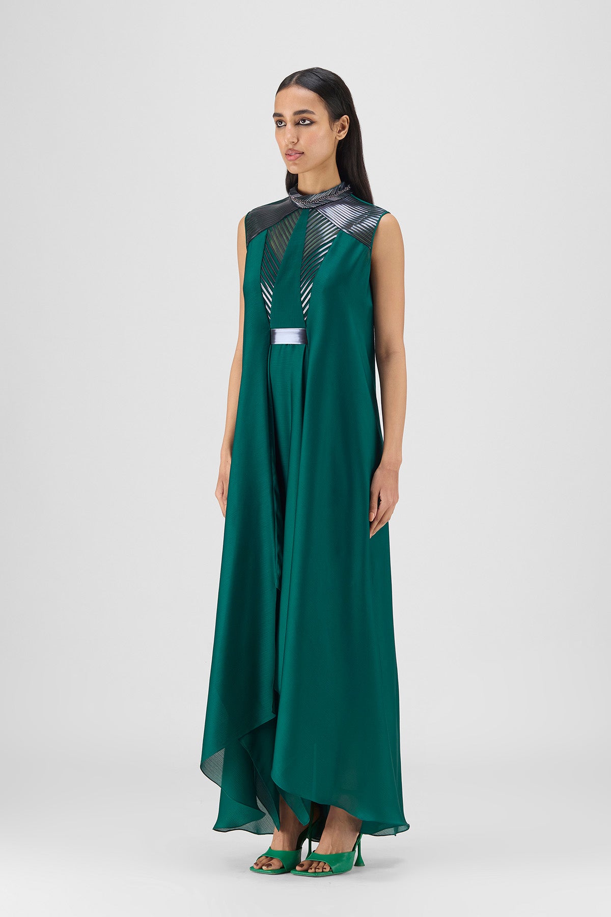 BEADED METALLIC PANELED DRESS