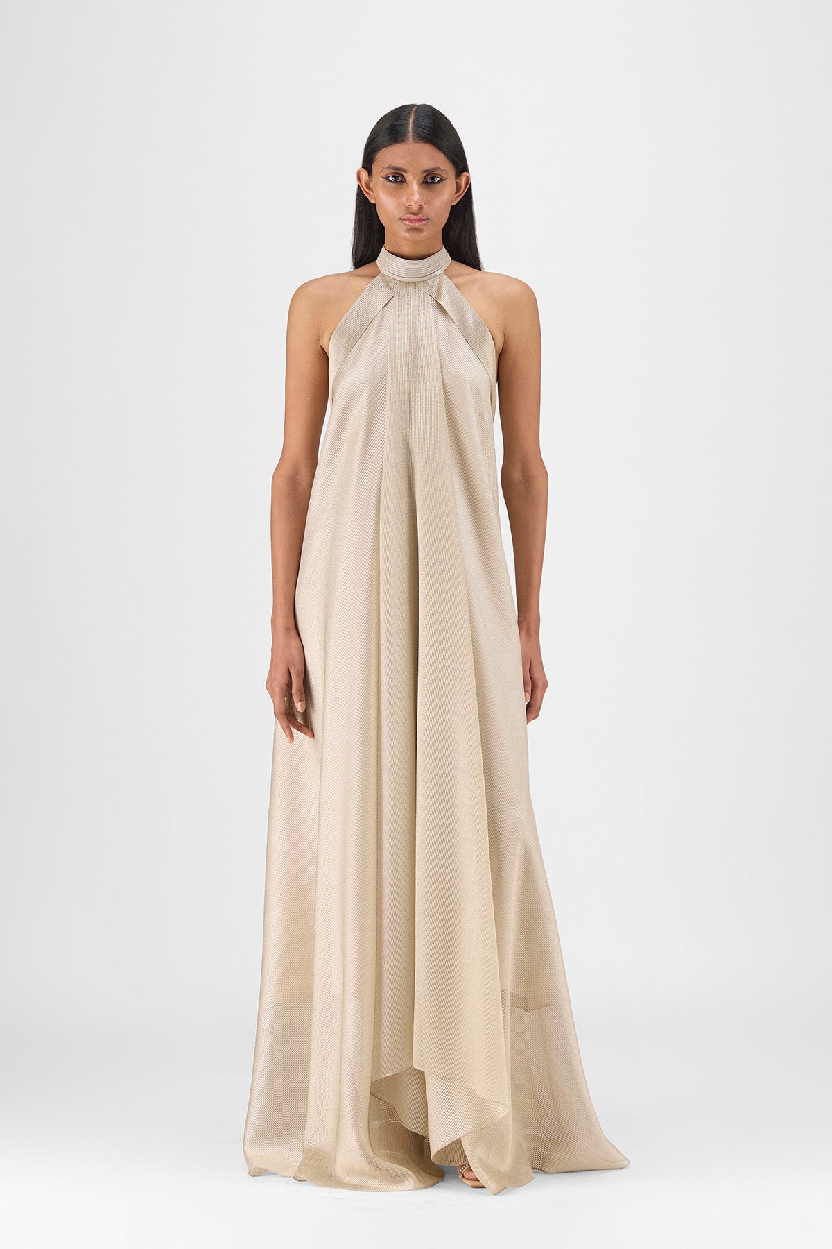 METALLIC FLUID HALTER DRESS