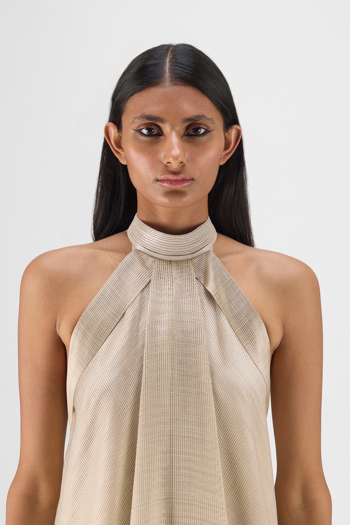 METALLIC FLUID HALTER DRESS