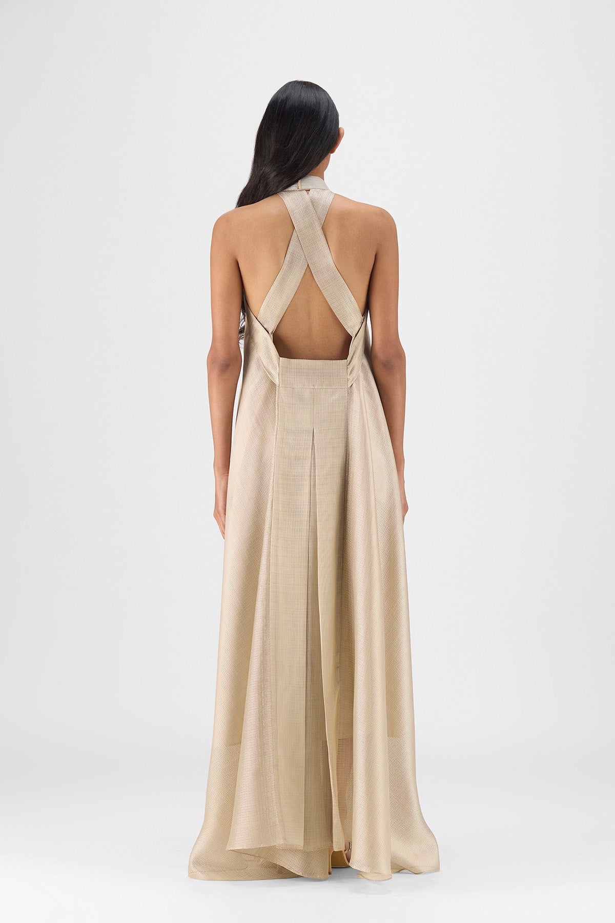 METALLIC FLUID HALTER DRESS