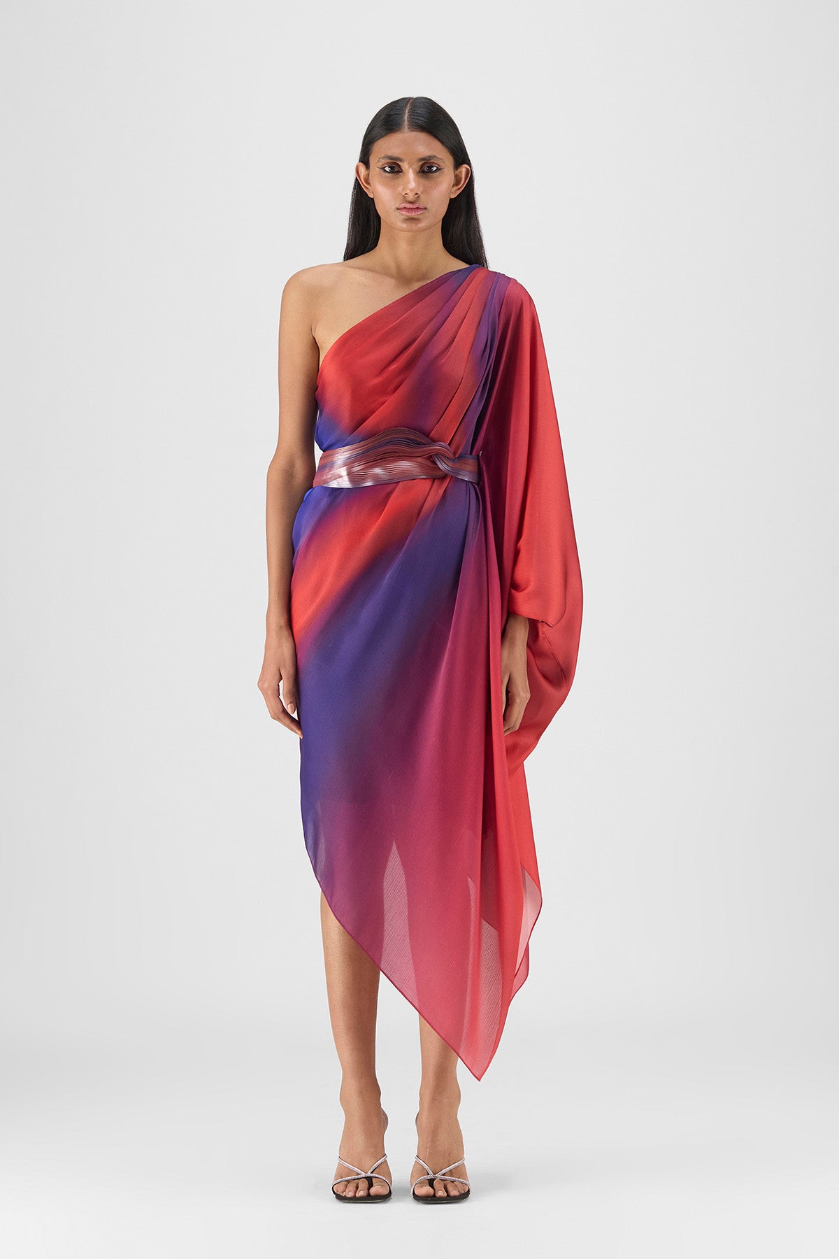 METALLIC ONE SHOULDER WATERCOLOR DRESS