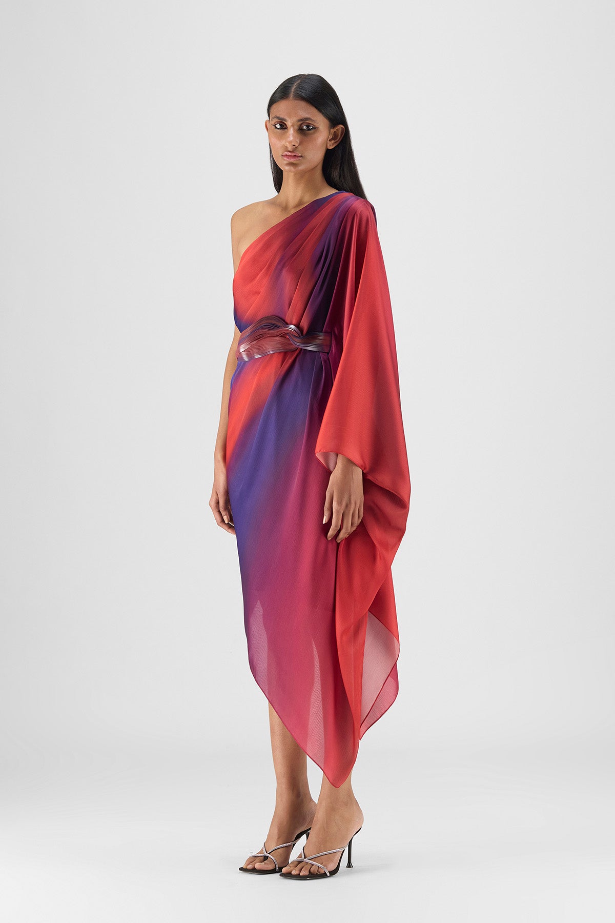 METALLIC ONE SHOULDER WATERCOLOR DRESS
