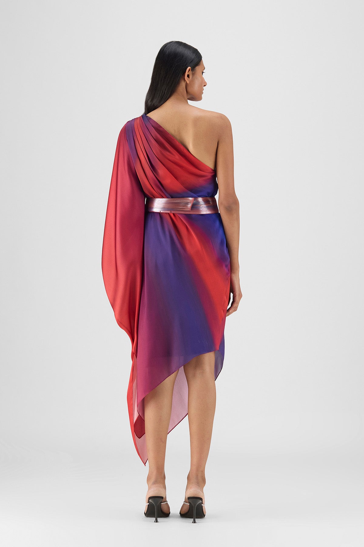 METALLIC ONE SHOULDER WATERCOLOR DRESS