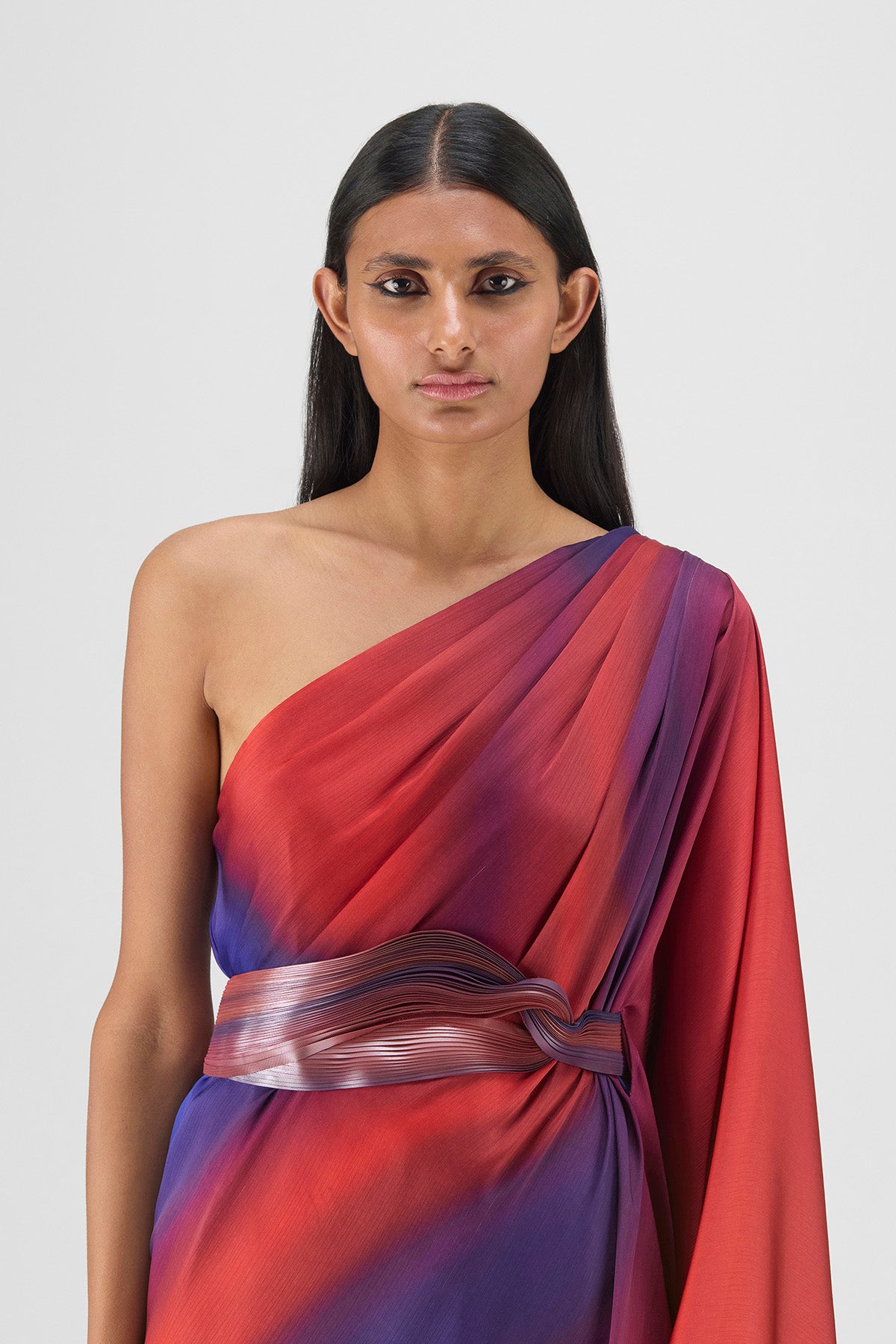 METALLIC ONE SHOULDER WATERCOLOR DRESS
